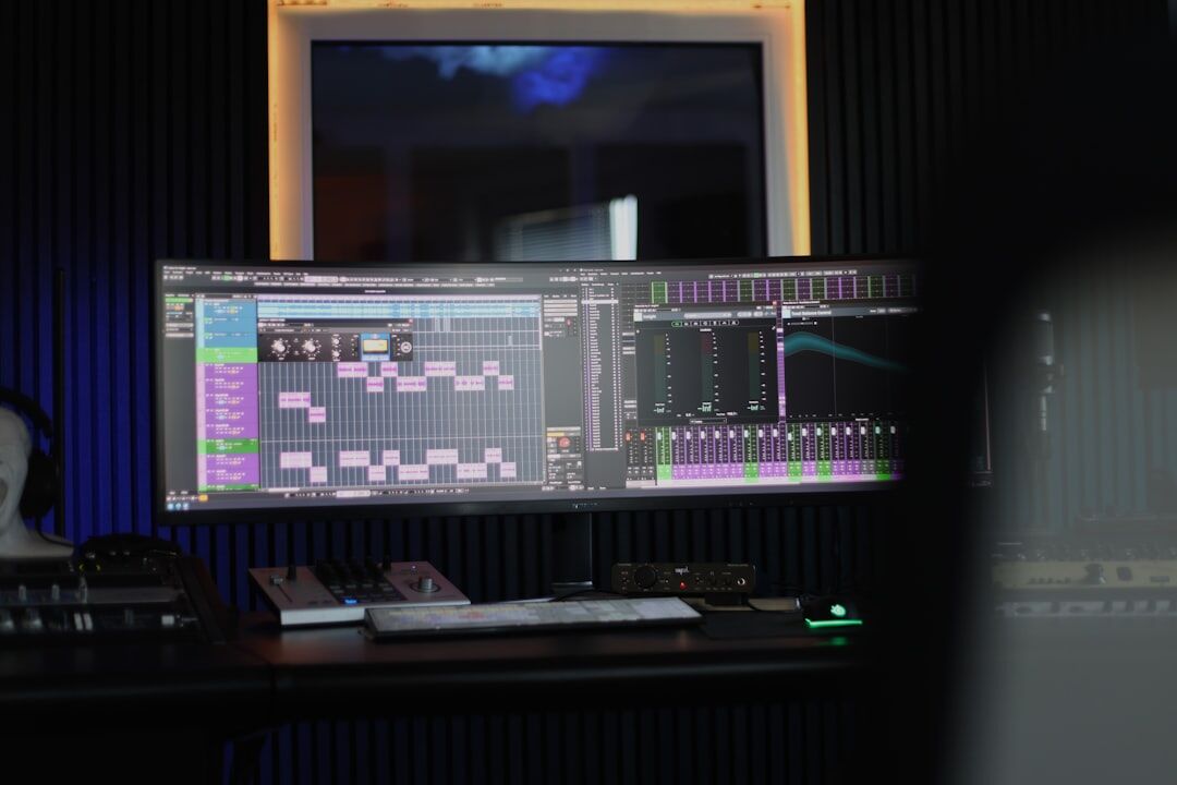 Broadcast control room with multiple monitors and live feeds