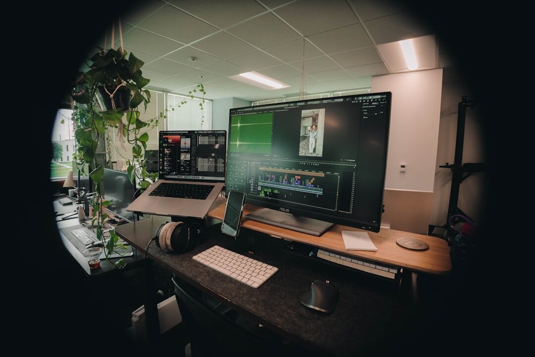 Video editor working in post production suite with monitors