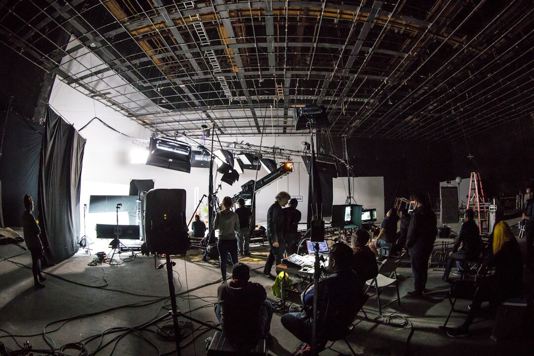 Television studio set with professional lighting rig